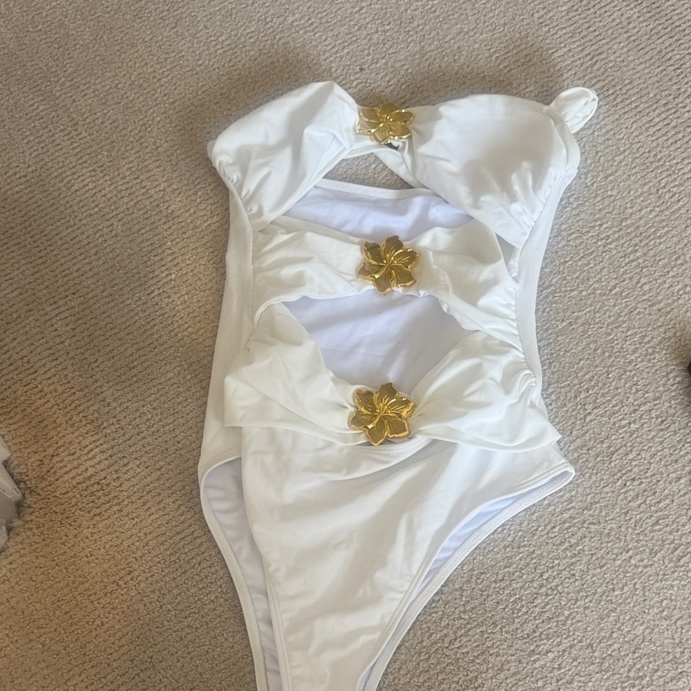 White One-Piece Swimsuit with Gold Flower Accents - Picture 1 of 2